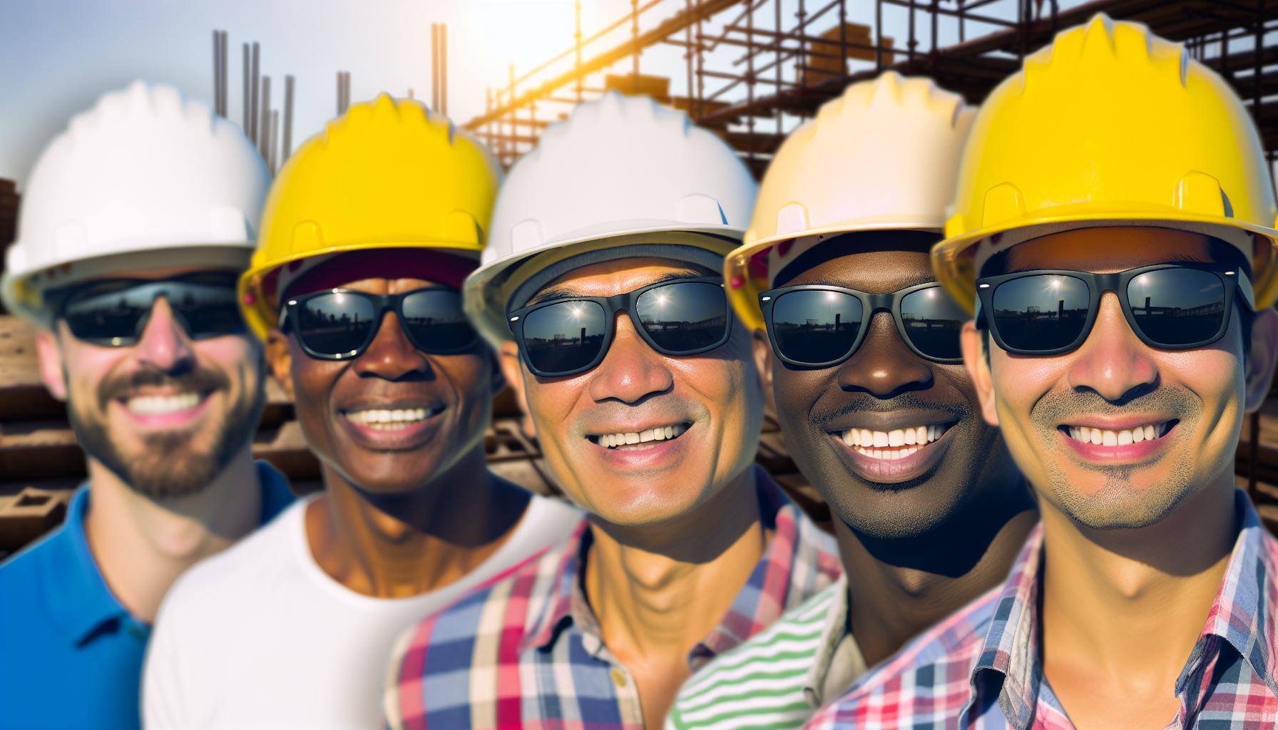 5 construction workers smiling wearing hard hat and dark sunglasses